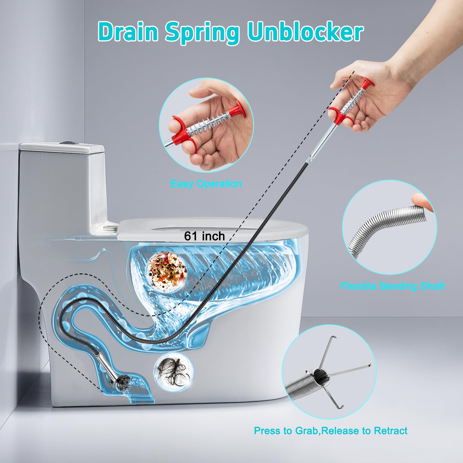 61'' Drain Clog Remover w/Claw, Plastic Drain Snake, Snake Drain Cleaner Tool w/Nylon Layer, Plumbing Snake Brush, Gloves, 15Pack Drain Hair Remover Tool Set for Toilet, Kitchen, Bathtub - 3