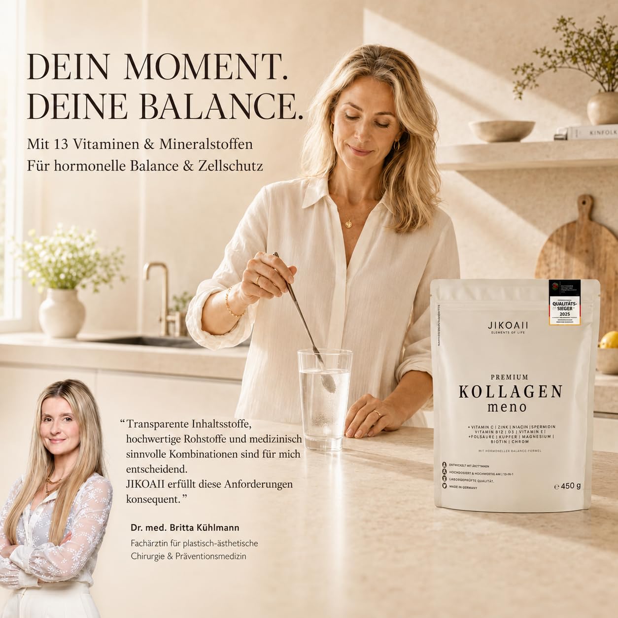 Kollagen Pulver Meno, Vitamin C, Typ I II III, 450 g, Neutral | Collagen Peptide Typ I II III aus Weiderind, Frauen in Wechseljahren, Beauty-Routinen, neutraler Geschmack, Made in Germany