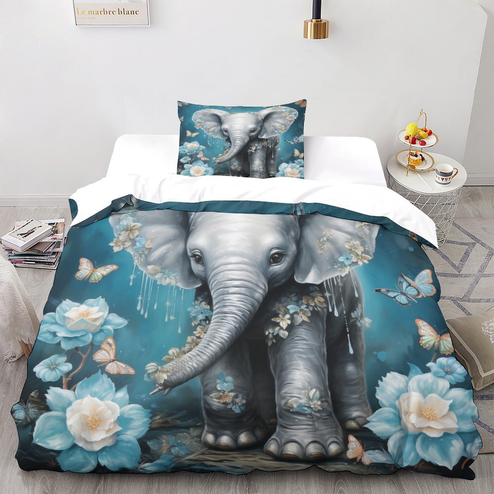 Set copripiumino con elefante stampato in 3D, per ragazzi e ragazzi, per letto singolo (135 x 200 cm), set copripiumino per decorazione della stanza, set da 3 pezzi
