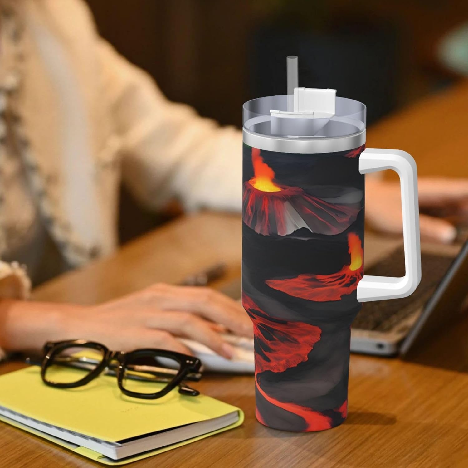 40 OZ Kilauea Volcanos Print Ice Bully Cup with Handle Straw Lid Straw,Stainless Steel Tumbler Coffee Cup