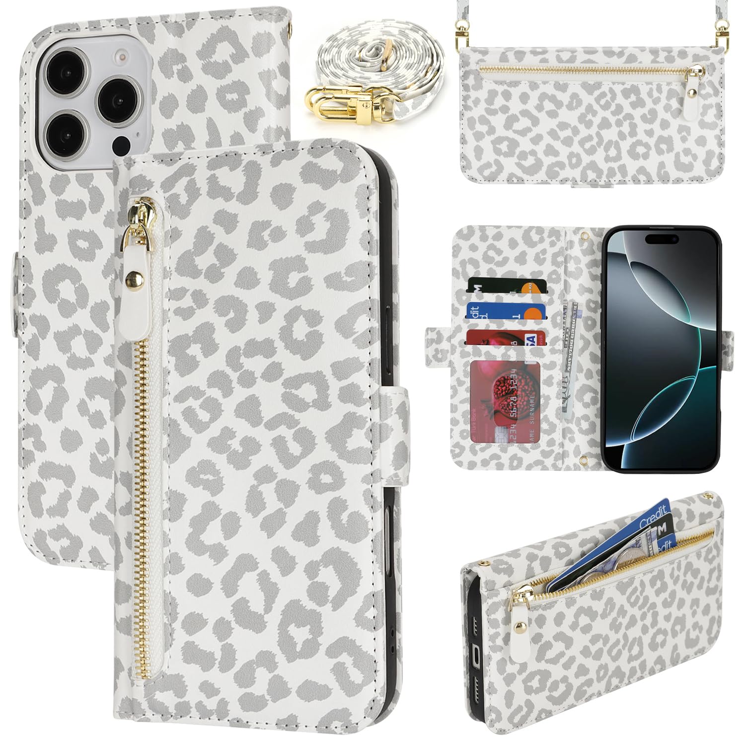 Lipvina for iPhone 16 Pro Wallet Case for Women,Zipper Pocket,PU Leather Phone Case Stand flip Cover Crossbody Lanyard Strap Zipper Credit Card Holder