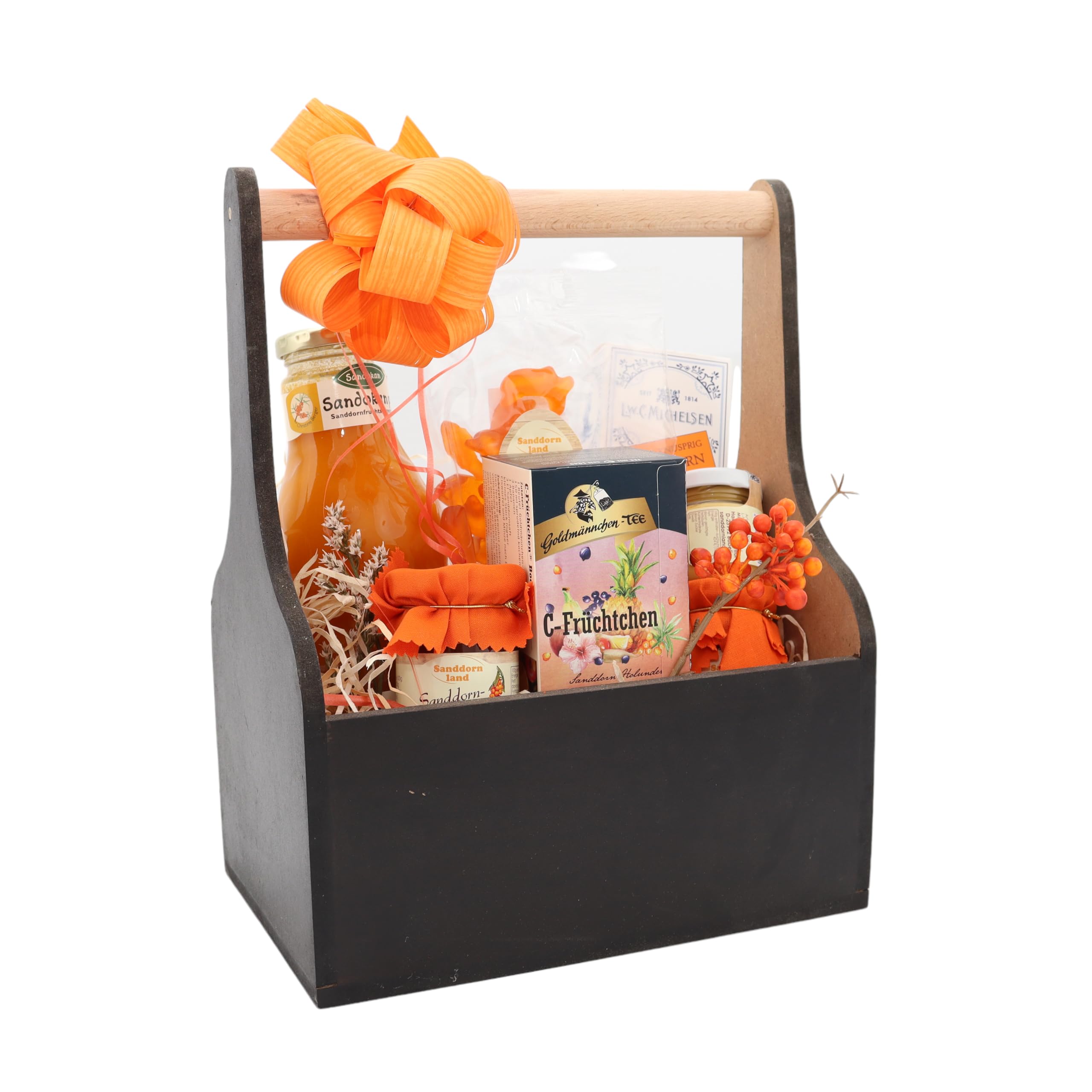 Sanddornkiste | Geschenkkorb mit hochwertigen Delikatessen für Genesungswünsche | Präsentkorb zur Aufmunterung | Ideal als Geschenk für Gesundheit und Wohlbefinden.