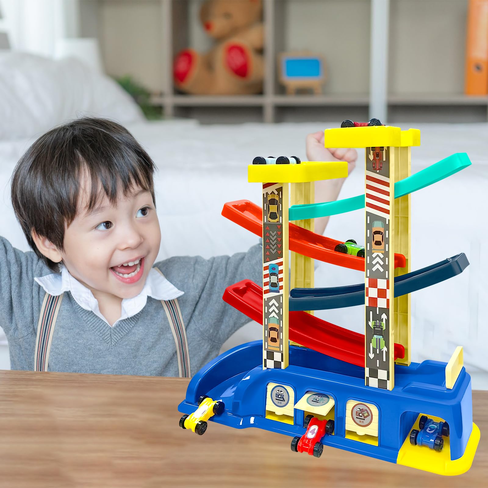 YATOSEEN Car Ramp Toys, Montessori Toys with 6 Mini Cars & 4 Colorful Race Tracks, Garages and Parking Lots - Image 2