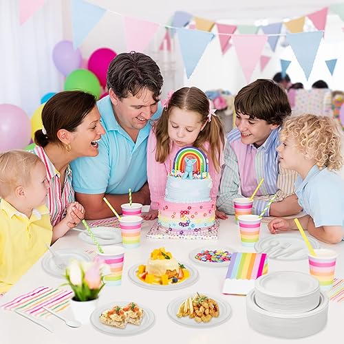 Miniatura 6 de 250 platos compostables, platos de papel de caña de azúcar con utensilios extralargos, juego de vajilla desechable ecológico biodegradable,