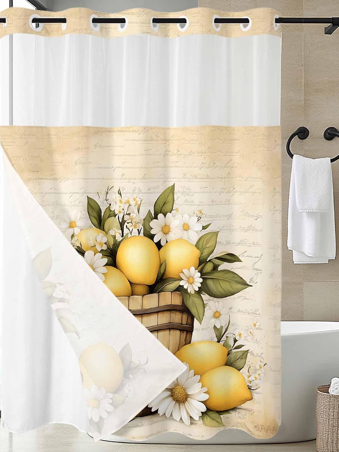 Chucoco No Hook Shower Curtain with Snap in Liner, Watercolor Summer Lemon on Vintage Letter Waterproof Washable Bathroom Shower Curtains See Through Top Window, Green Leaves Hotel Grade Bath Curtain