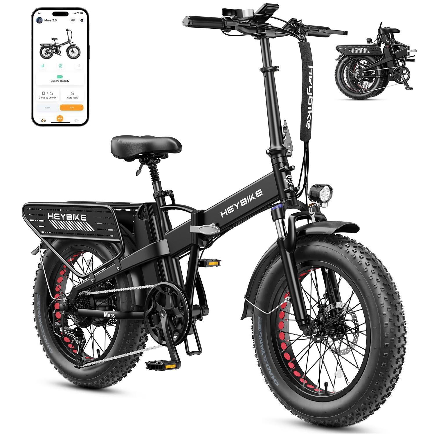 Heybike Mars 2.0/3.0 Foldable Electric Bike, UL2849 Certified, 70+Miles Long Range, 1400W/1800W Peak Motor 32MPH, 624WH Removable Battery, 20"*4 Fat Tire Ebike for Snow, Commute, Full Suspension
