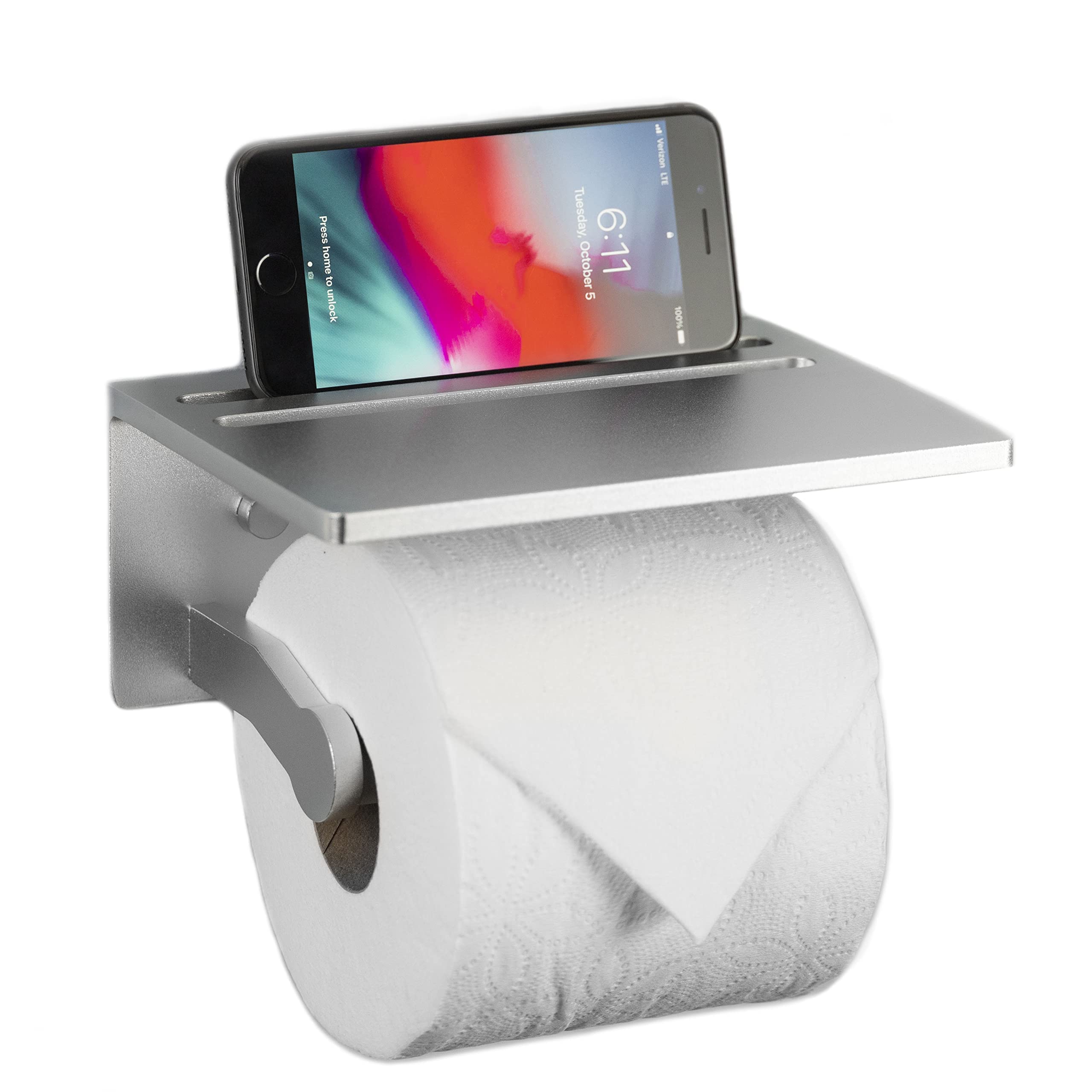 JP&B Toilet Paper Holder with Shelf | Phone Shelf | Heavy Duty Toilet Paper Holder for Mega Roll, Medium and Small Size Toilet Paper | Aluminum Anti-Rust | Silver, 7.2 x 5.3 x 3.3 inches