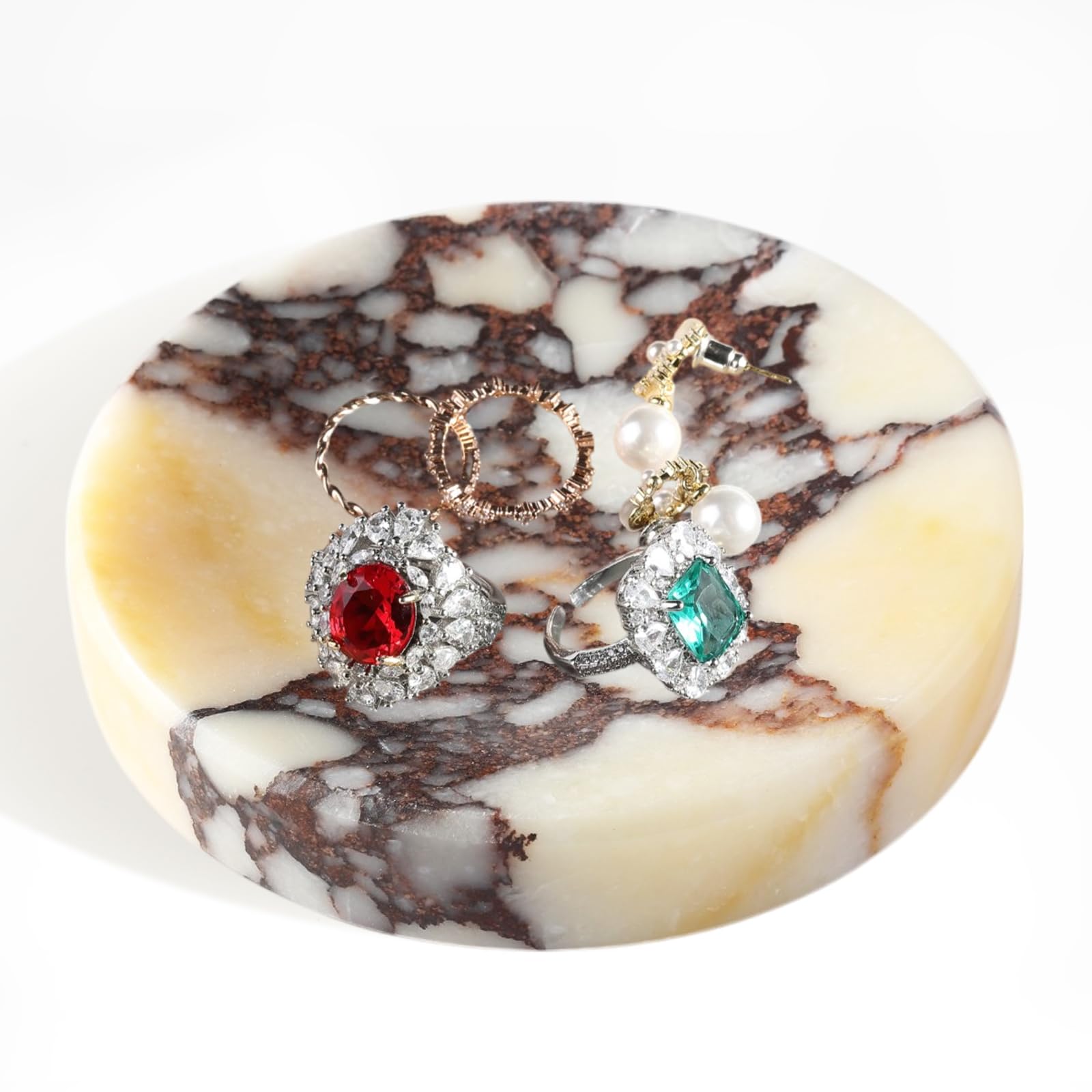 Koville Marble Jewelry Dish, Small Round Trinket Dish for Ring Necklace Earring, 4" Decorative Dish, Natural Stone Soap Dish for Bathroom Kitchen