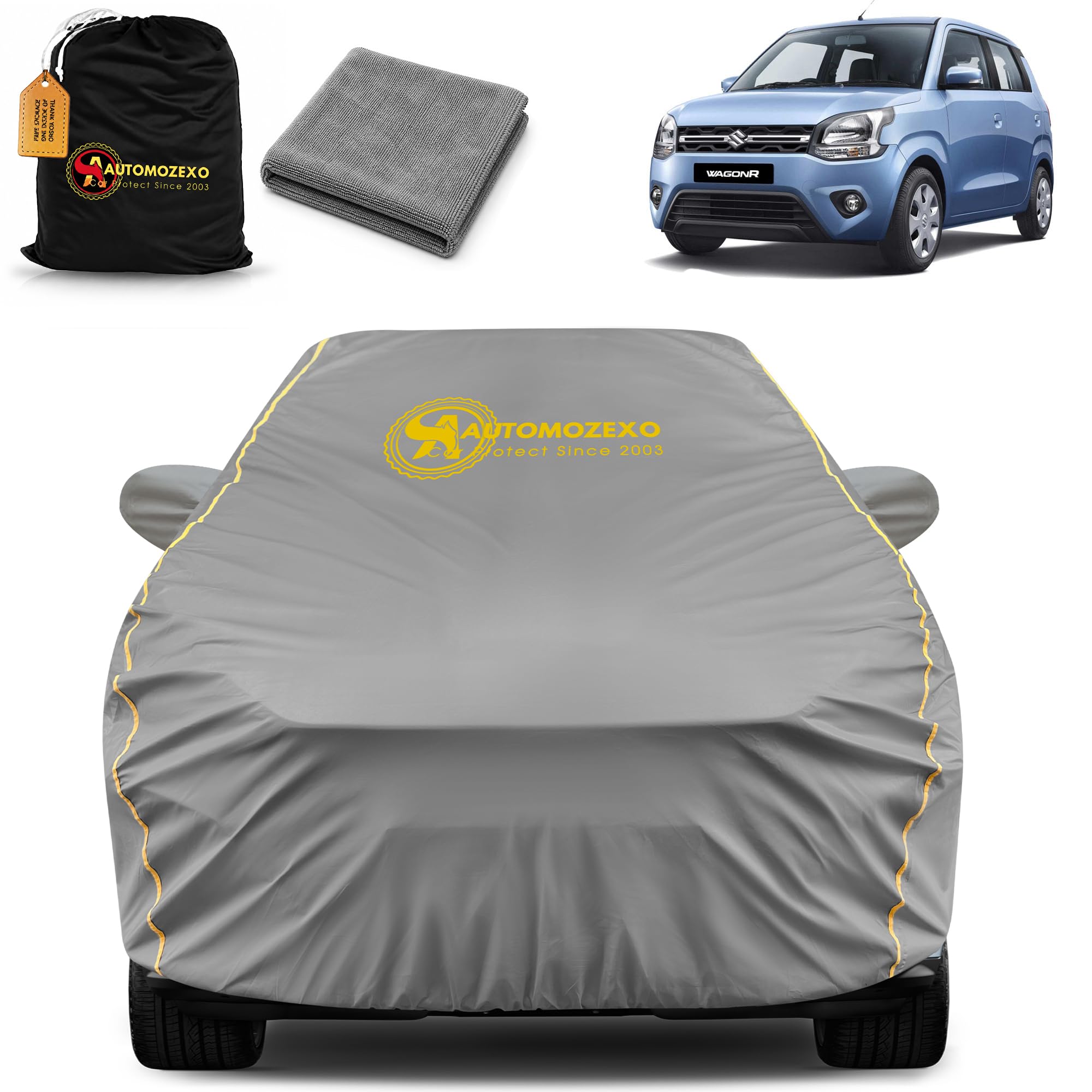 AUTOMOZEXO Maruti WagonR Car Cover with Mirror Pocket Waterproof Inner Cotton Layer Adjustable Belt Bottom Elastic Triple Stitched Cover to Secure fit and Protect from All Indian Climates (Grey)-image-17