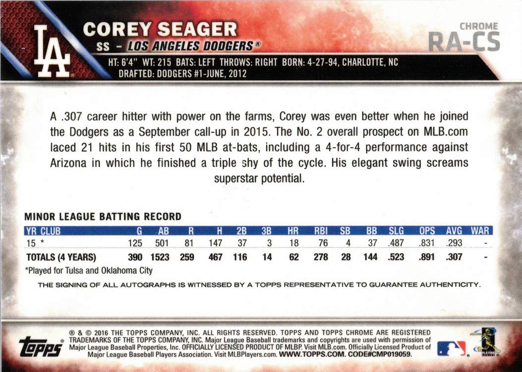 Amazon.com: 2016 Topps Chrome Baseball #RA-CS Corey Seager