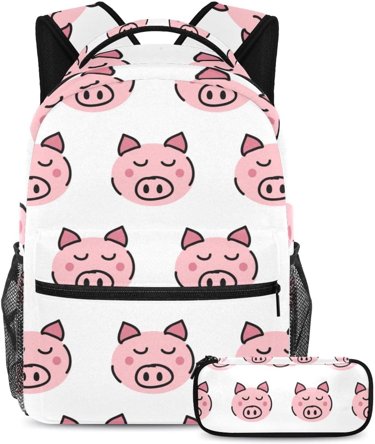 VAPOKF Pig Animal White School Bag Set for Teen Girls Boys Kids, Student Bookbag Backpack Rucksack with Pencil Case for Primary Secondary Junior