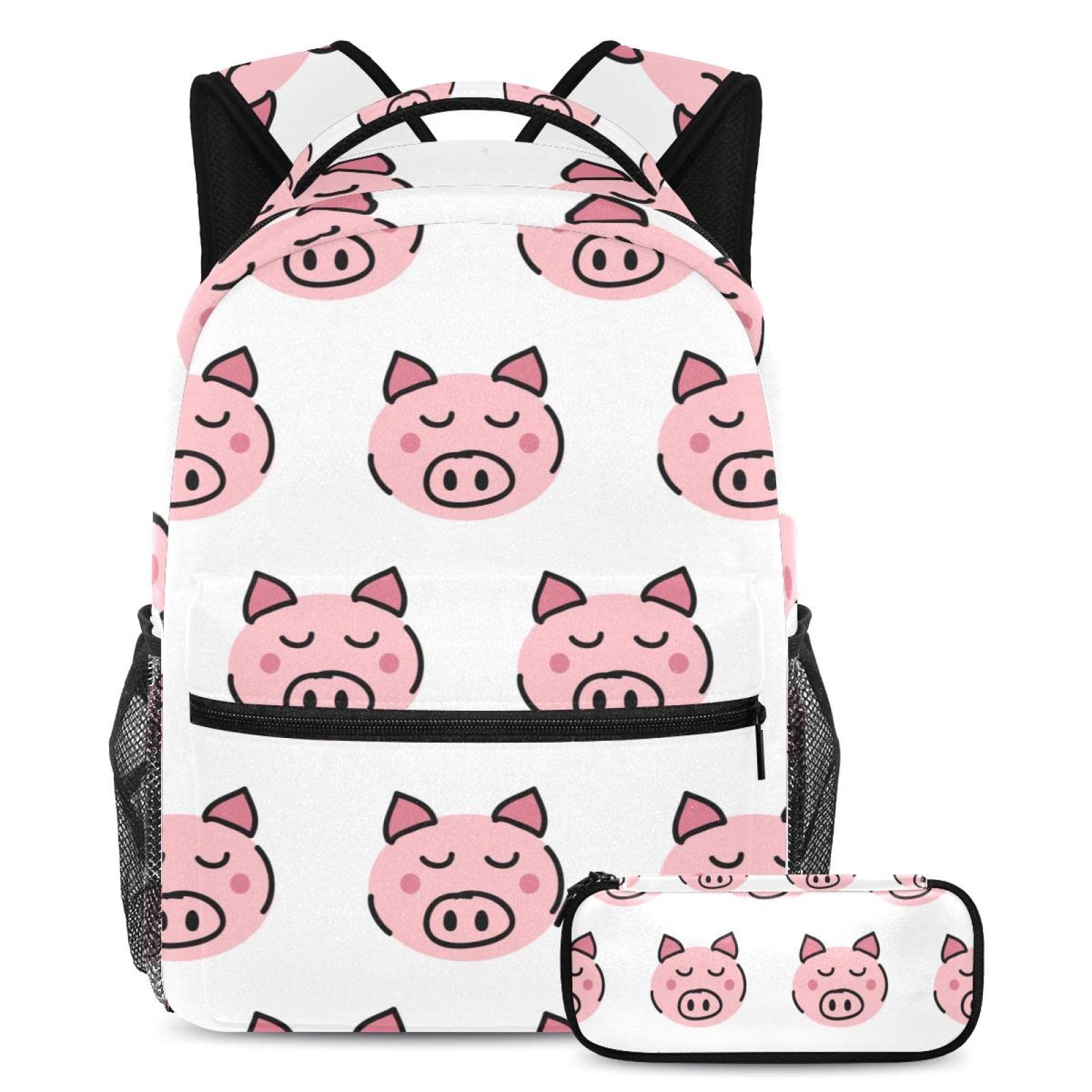 VAPOKF Pig Animal White School Bag Set for Teen Girls Boys Kids, Student Bookbag Backpack Rucksack with Pencil Case for Primary Secondary Junior