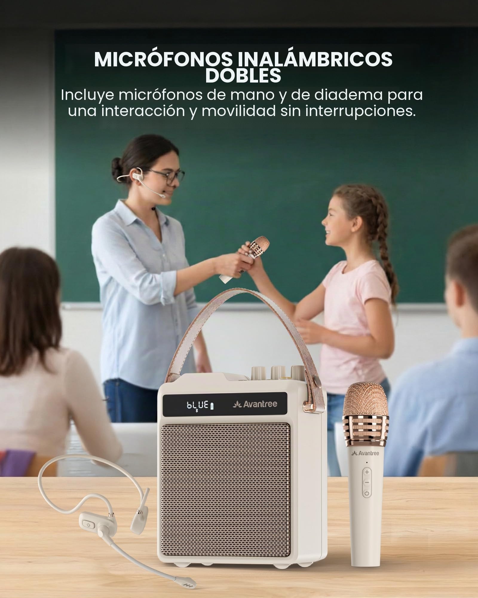 Avantree VoxAmp Duo - Amplificador de Voz Inalámbrico Portátil, Micrófono Dual Y Altavoz Set para Clases, Pequeños Eventos & Fiestas, 30W Voz Clara & Sonido Rico, 14H Batería
