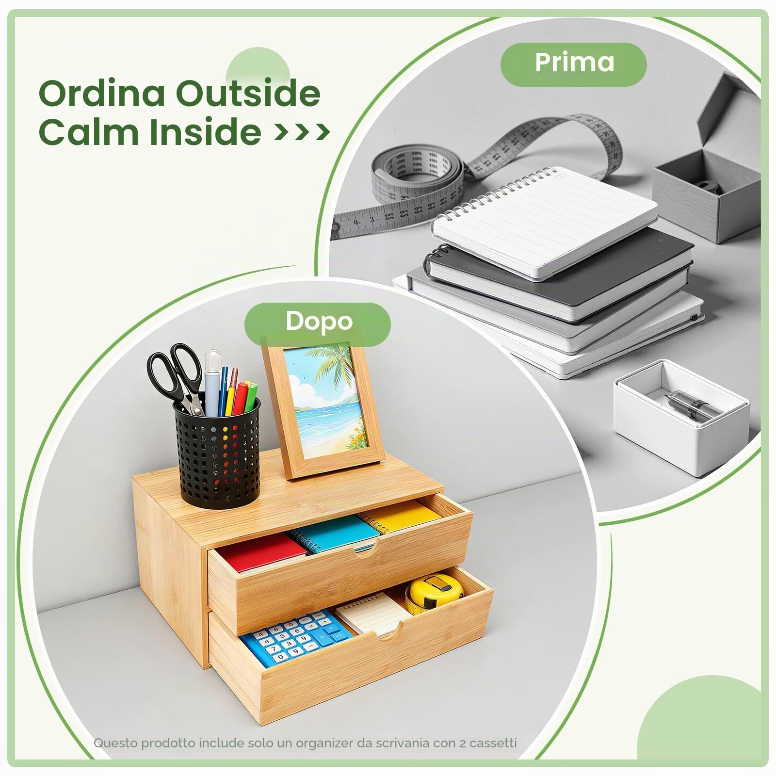 Organizzatore per Scrivania, Cassetto in Bambù Mini Cassettiera, Design Monopezzo, Scaffalatura per Trucco con 2 Cassetti per Ufficio, Soggiorno e Camera da Letto