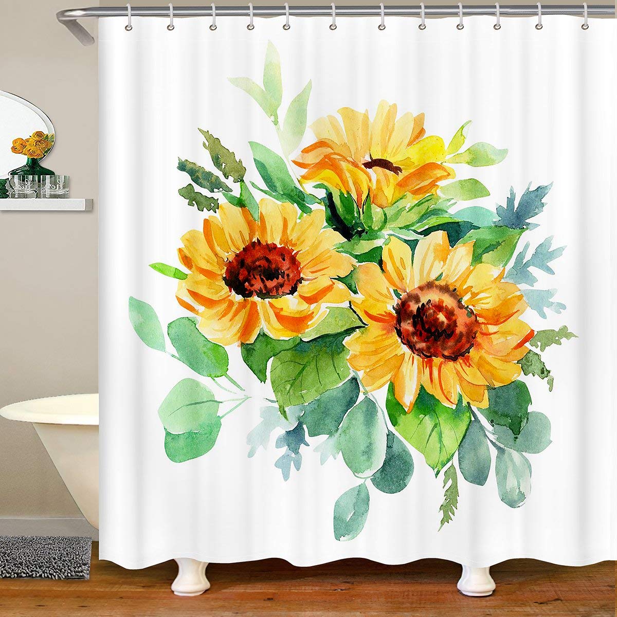 Loussiesd Sunflower Waterproof Shower Curtain Sunflower Kids Boys Yellow Floral Notes Bathroom Curtain with Hooks Watercolor Botanical Branches Decor,180x180cm