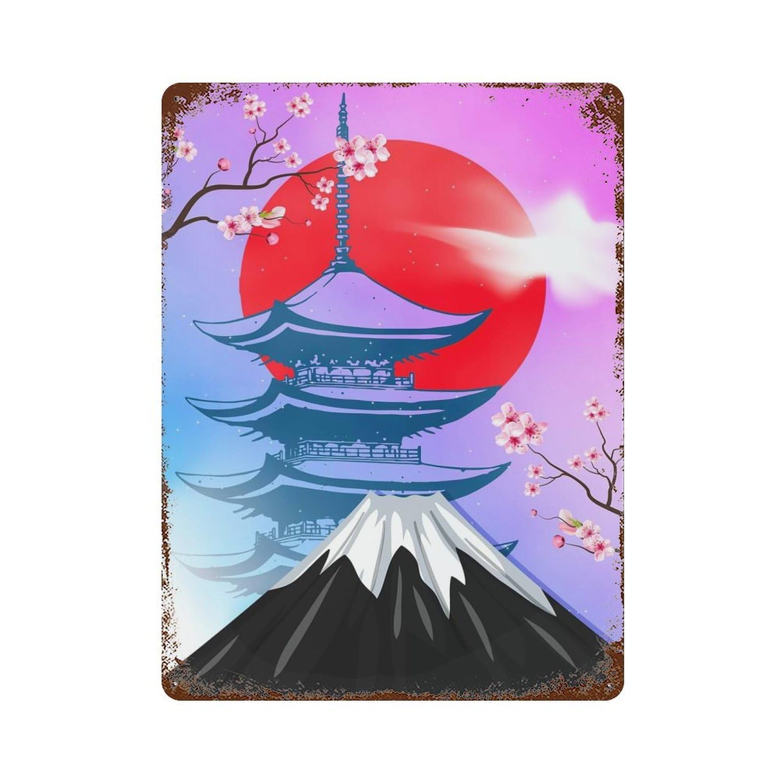 Japanese Vintage Mountain Rustic Tin Plaque 15.7"x11.8", for Living Room, Hallway And Home Decor, Decorative Metal Wall Art