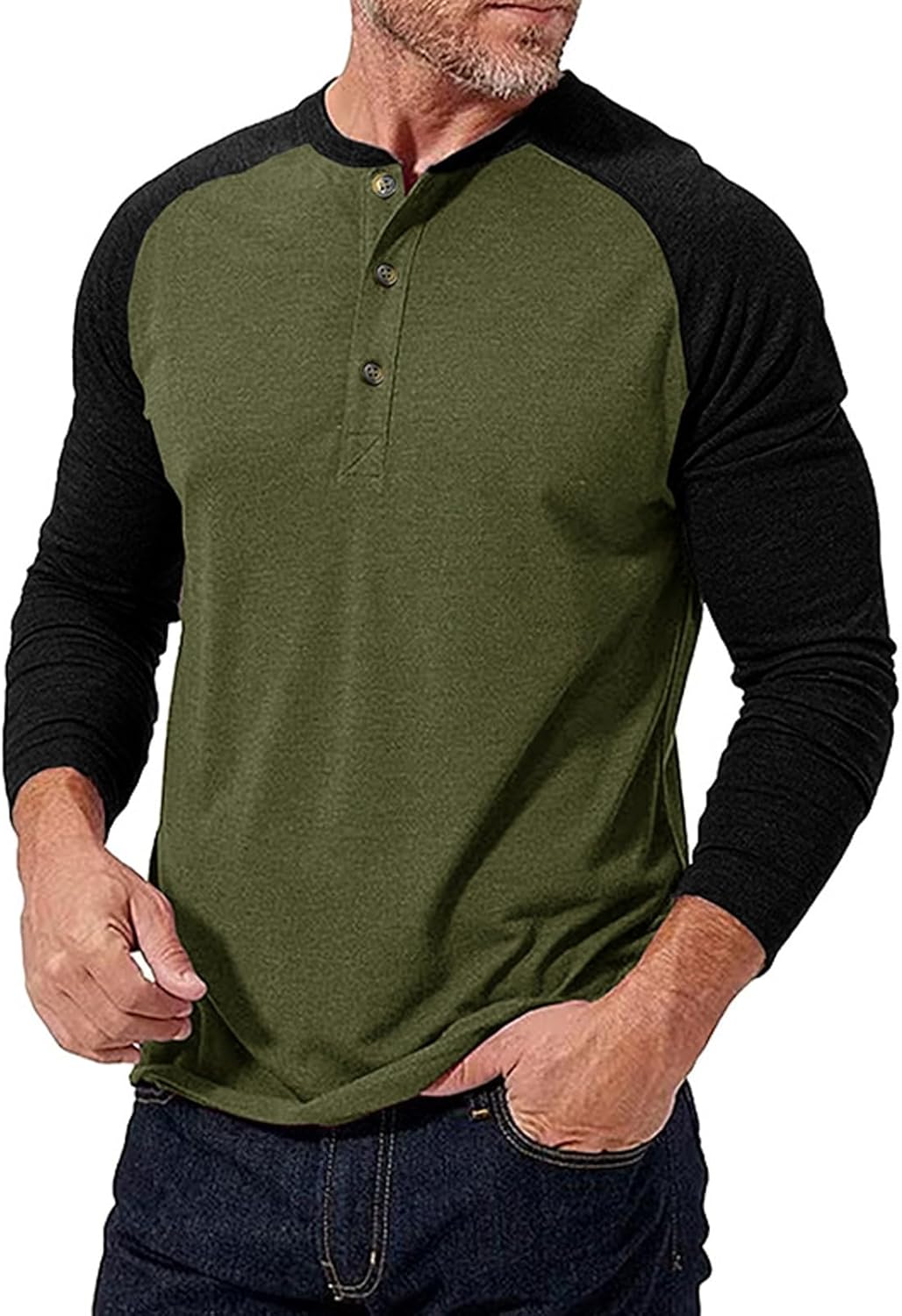 Vasreyy Henley Shirt Colour Block Crew Neck Shirt Blouse with Button