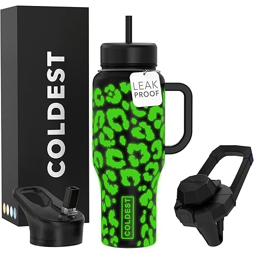 Coldest Tumbler with Handle and Straw, 100% Leak Proof Insulated Tumbler with Lid and Straw (3 Lids), Stainless Steel Tumblers for Women & Men, Cup Holder Friendly, 36 oz (Glowie Leopard)