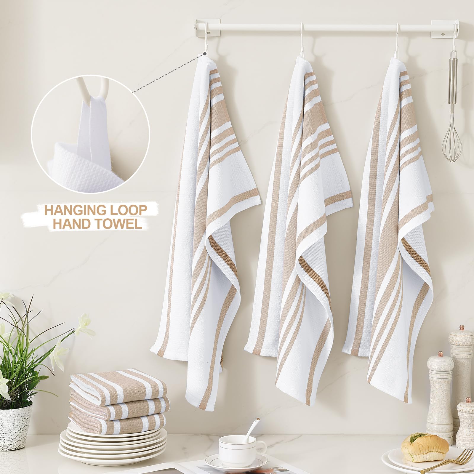 Homaxy Lot de 8 grands torchons de cuisine de qualité supérieure 45,7 x 71,1 cm, en coton de 380 g/m², torchons de cuisine à rayures et en éponge, très absorbants, avec boucle de suspension, kaki