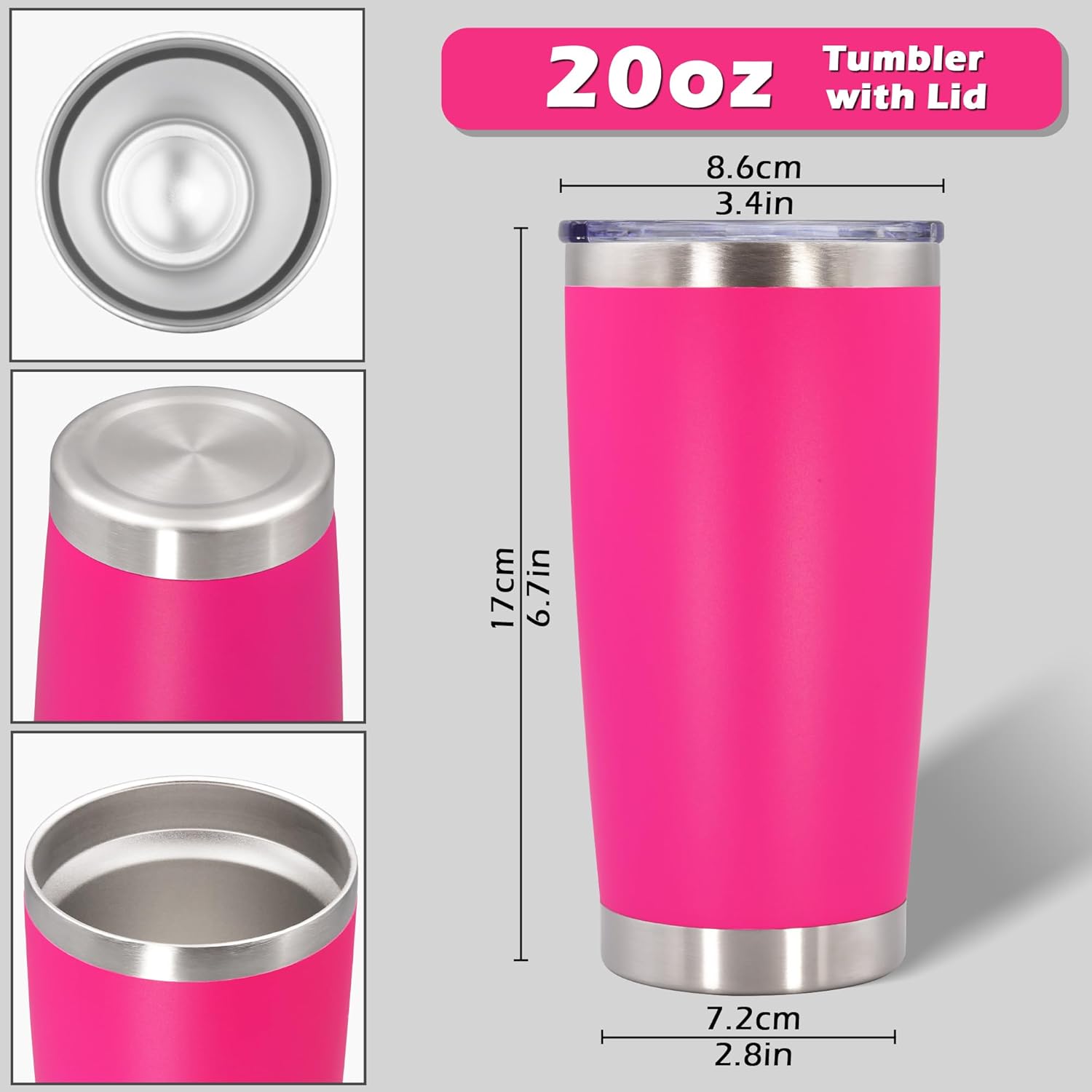 20oz Tumbler Bulk Stainless Steel Tumblers with Lid Vacuum Insulated Double Wall Travel Coffee Mug Powder Coated Tumbler Cup for Hot and Cold Drinks(Hot Pink, 1 pack) - Image 3
