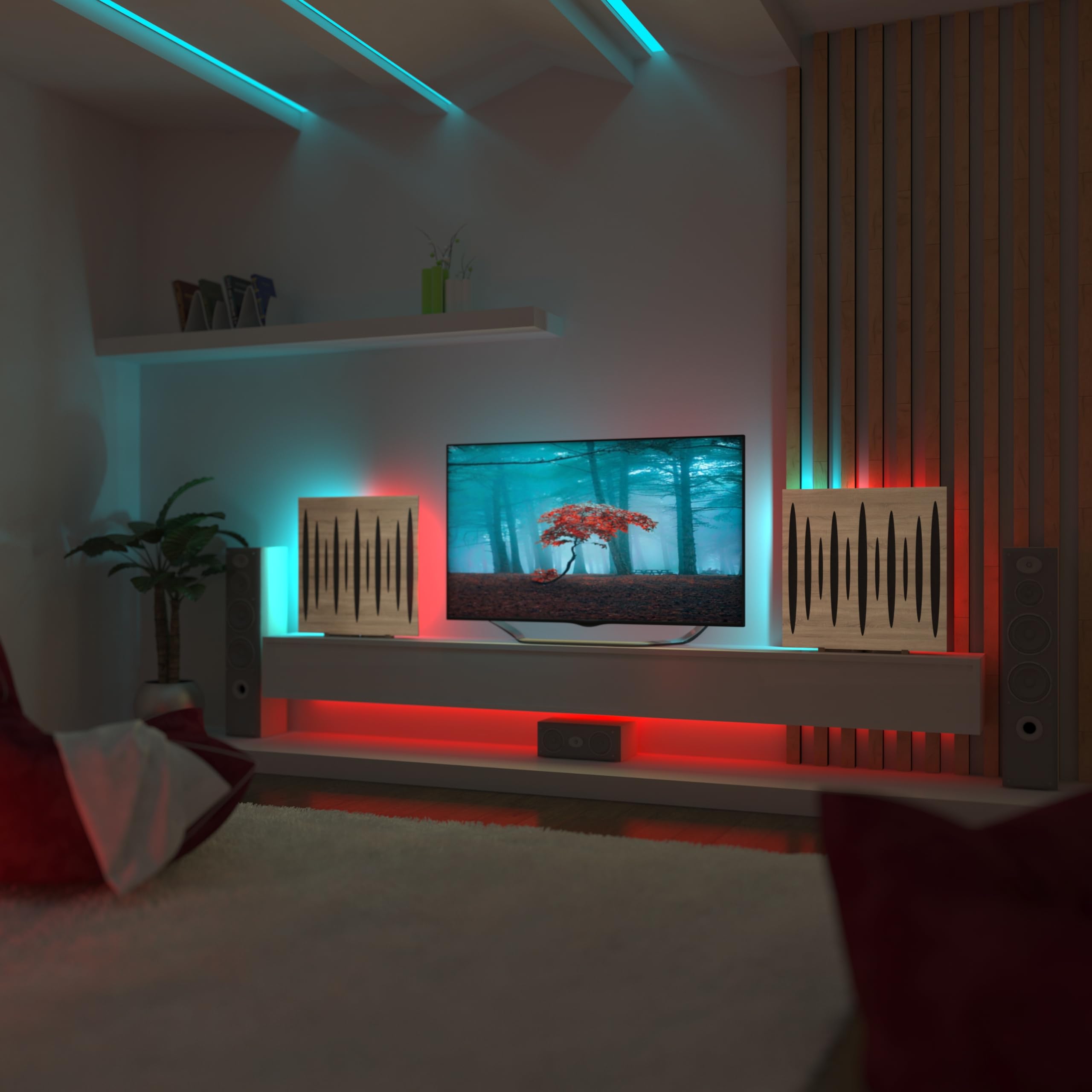 Set di 2 pannelli acustici con lampada da tavolo e retroilluminazione LED RGB | 50x50 cm | Pannelli fonoassorbenti mobili su supporto da tavolo per studio e sala giochi | [PULSAR | Sonoma]
