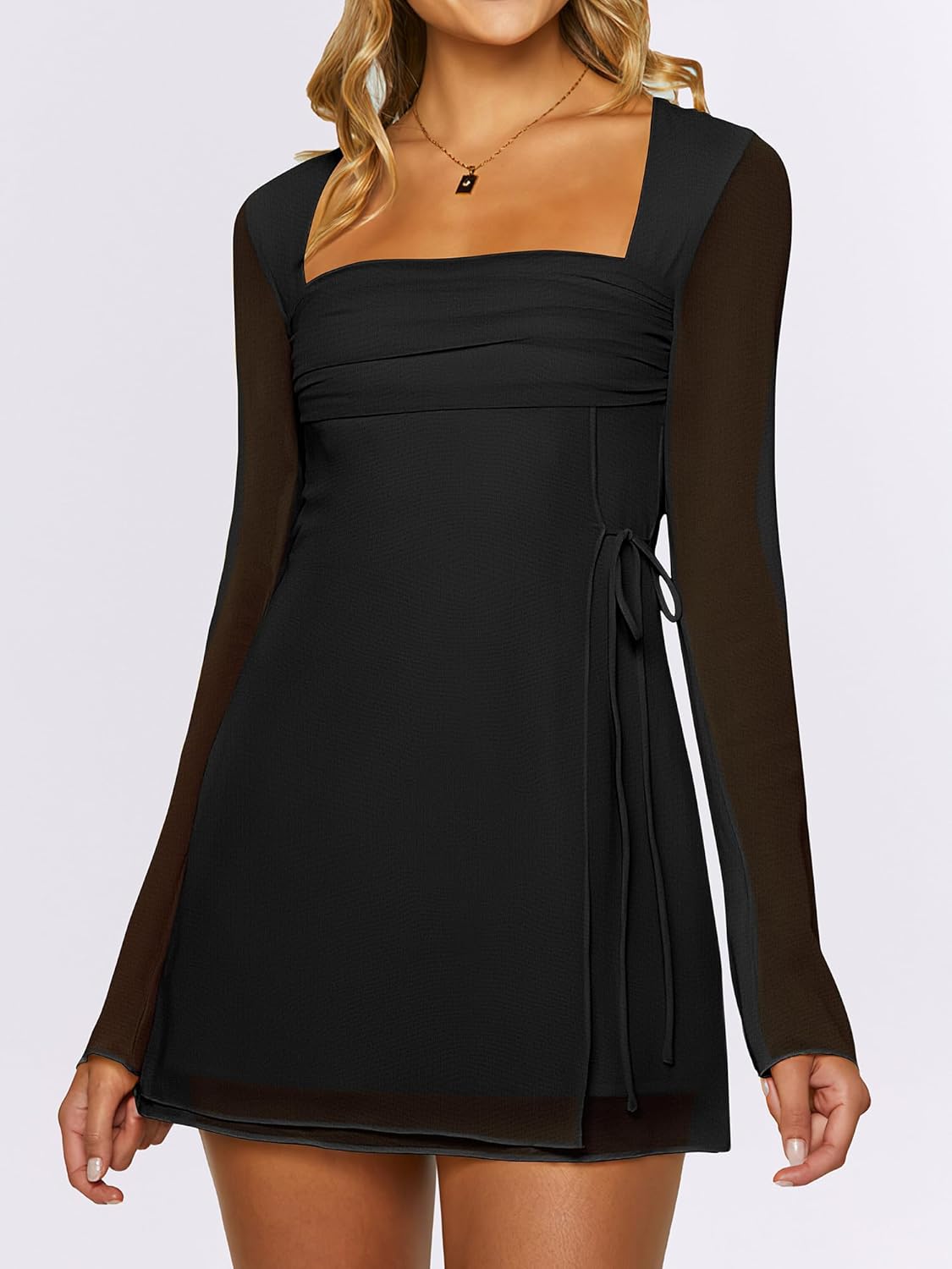 Caracilia Womens Sexy Mesh Ruched Mini Dresses Long Sleeve Square Neck Tie Fall Club Party Cocktail Short Dress 2025 Fashion - Image 2