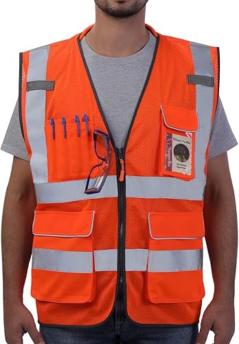Miniatura 10 de Neopelta Chaleco de seguridad reflectante de malla naranja, chaleco de alta visibilidad con bolsillos y cremallera, cuello acolchado, chaleco