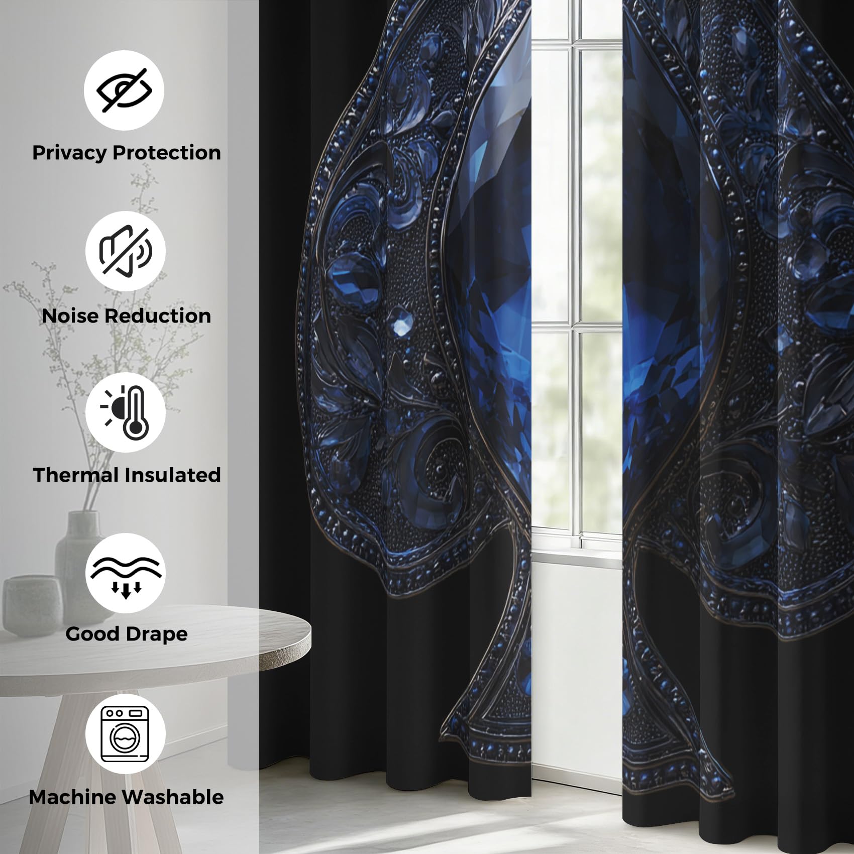 Generisch Blickdichte Vorhänge Pik-Ass, Verdunklungsvorhänge Blau Diamant Gardinen mit Ösen, Vorhang Wohnzimmer Schlafzimmer Fenster Deko, H137 x B117 cm 5er Set