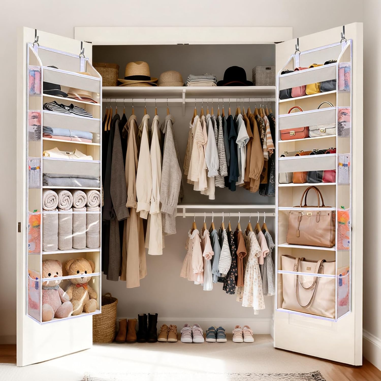 5 Tiers Over the Door Organizer with 10 Mesh Side Pockets, 44 lbs Weight Capacity Closet Hanging Storage Organizer with Large Clear Window Kids Toys, Shoes, Diapers, Beige - Image 6