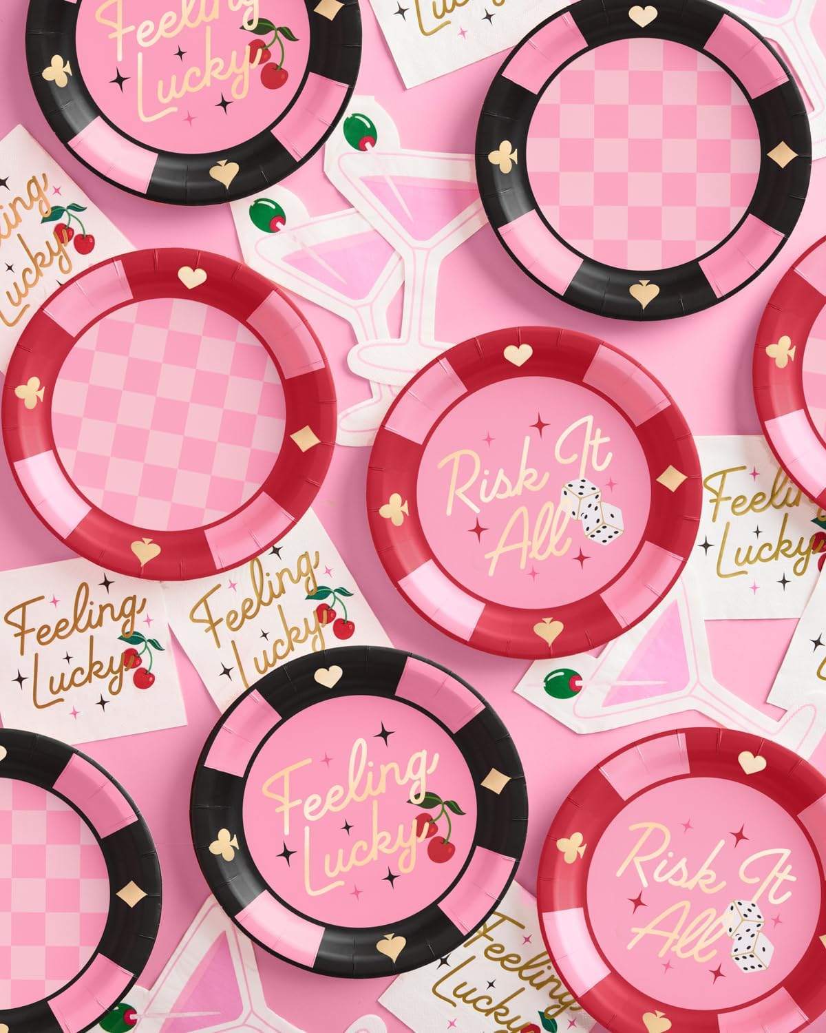 xo, Fetti Feeling Lucky Paper Plates - 24 pcs | Casino Bachelorette Decoration, Vegas Birthday Party Tablescape, Poker Night Bach Decor