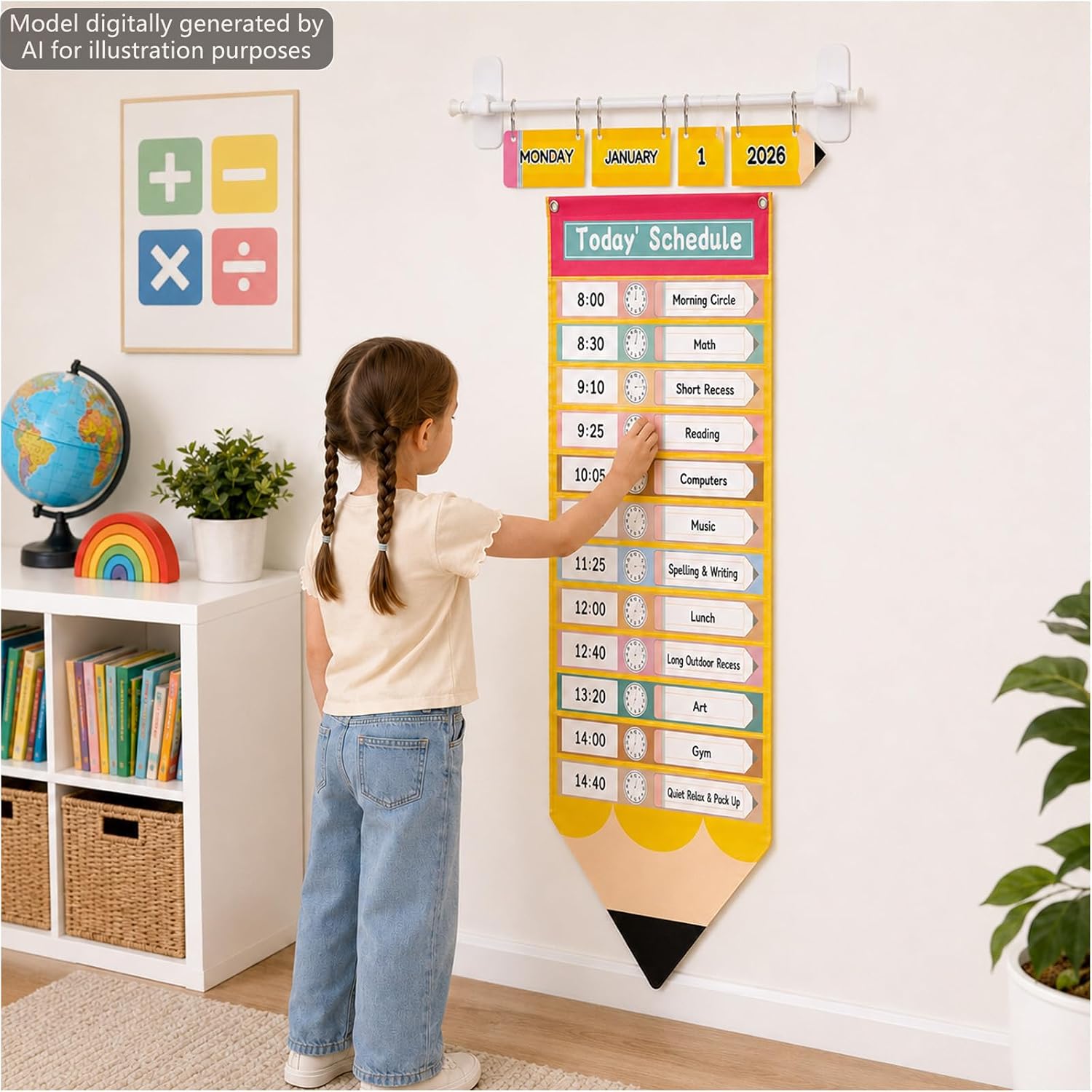 Pencil Theme Daily Schedule Classroom Calendar Chart with 20 Reusable Dry Erase Cards 55 Date Cards Back to School Pencil Shape Classroom Pocket Calendar and Schedule Organizer for School Office Decor image 5