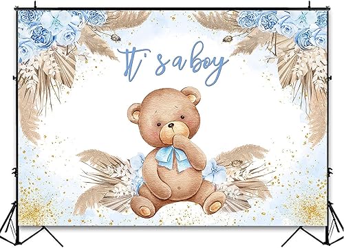 Miniatura 3 de Avezano Fondo de baby shower de oso bohemio para decoración de fiesta de niños, hierba de pampas azul, fondo de fotografía de baby shower, oso