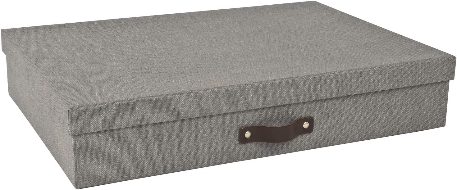'The Holding Company Bigso Box of Sweden Document Box with Lid for Papers in A3 Format - Document Organiser Tray with Lid and Leather Handle - Storage Container Made of Fibreboard and Paper - Grey