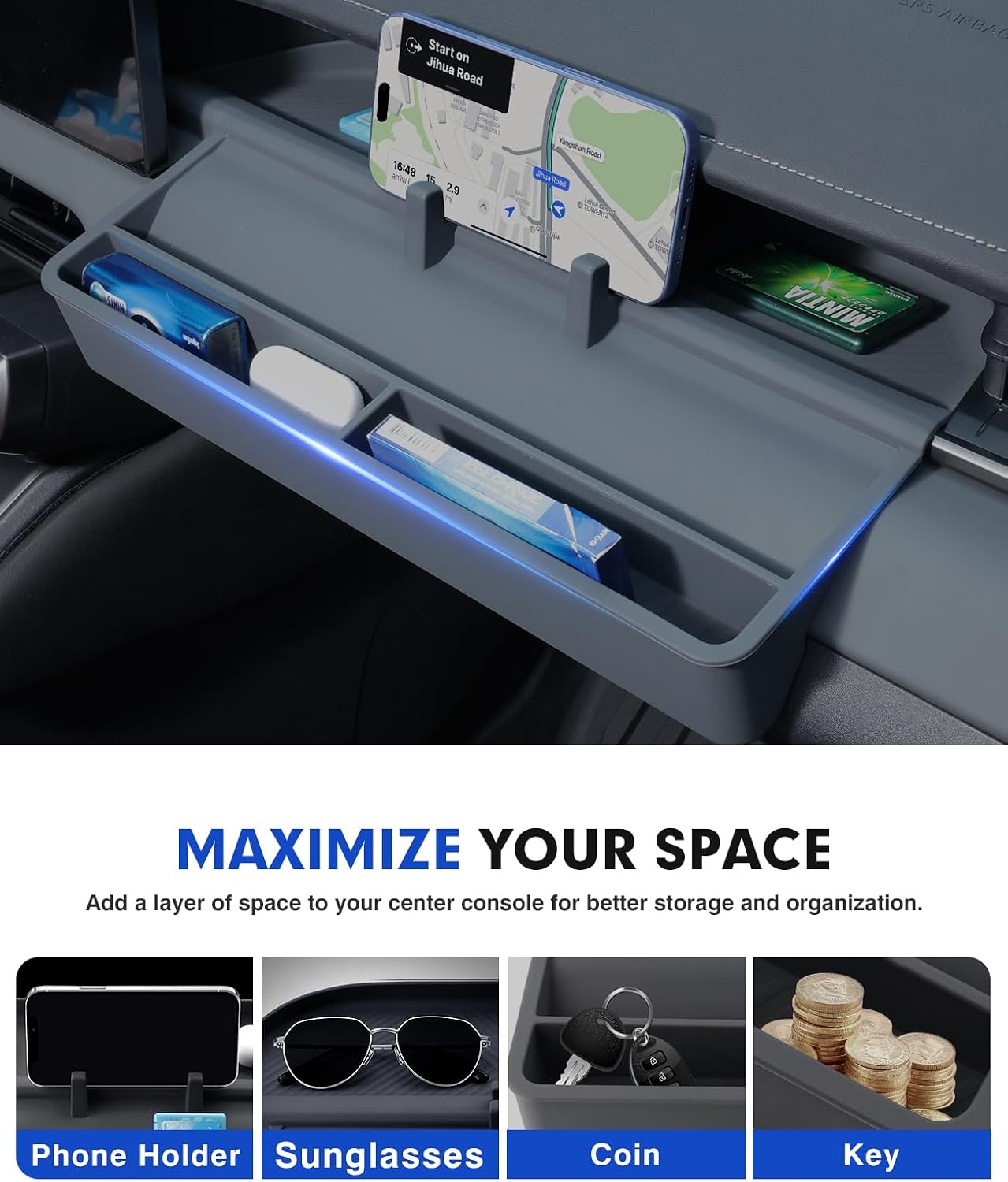 Autorder Passenger Storage Organizer Mat for 2026 Toyota RAV4 Accessories - Anti-Slip Silicone Tray with Phone Slot and Extra Compartments - Black image 3