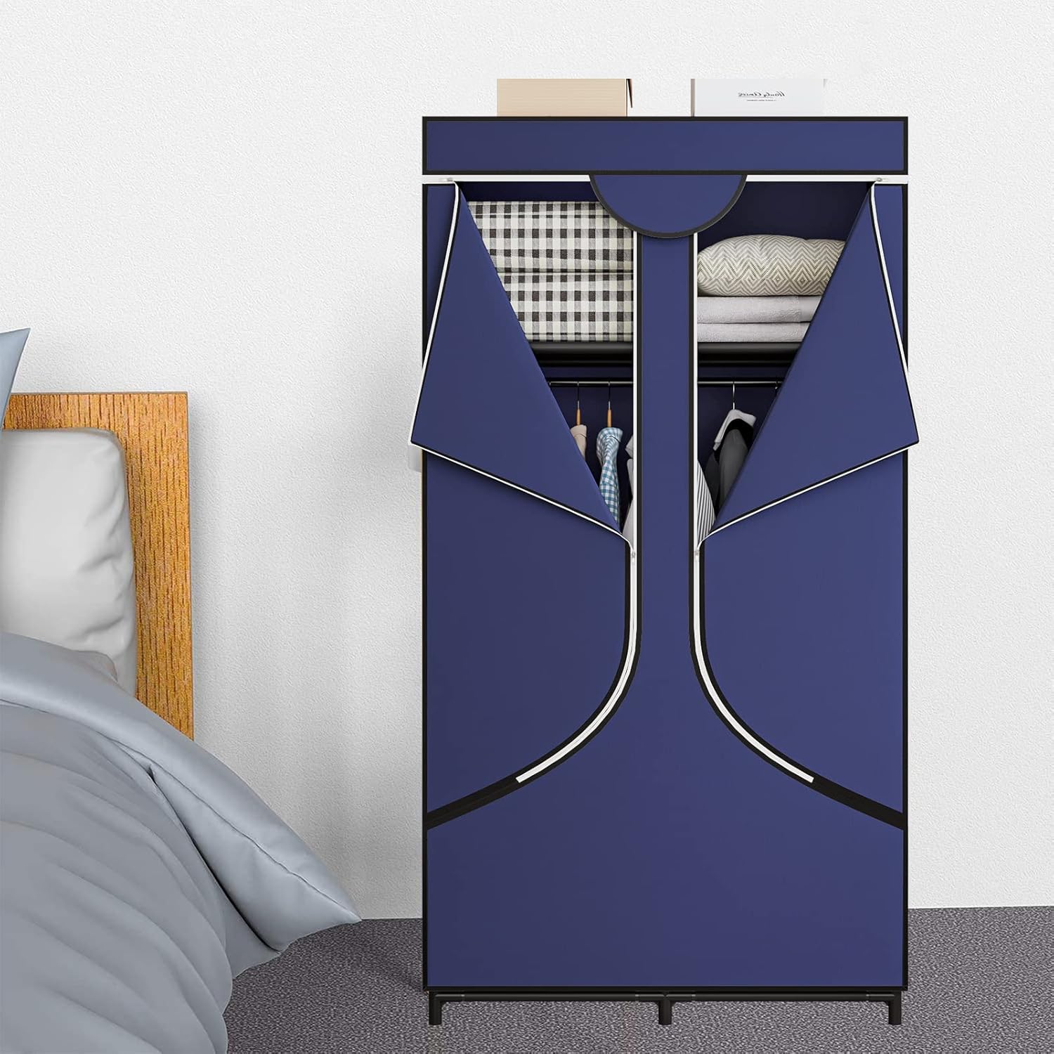 sorcedas portable wardrobe closet storage organizer metal hanging rack non-woven fabric 34 inch coffee (34 inch, blue) 34 inch blue