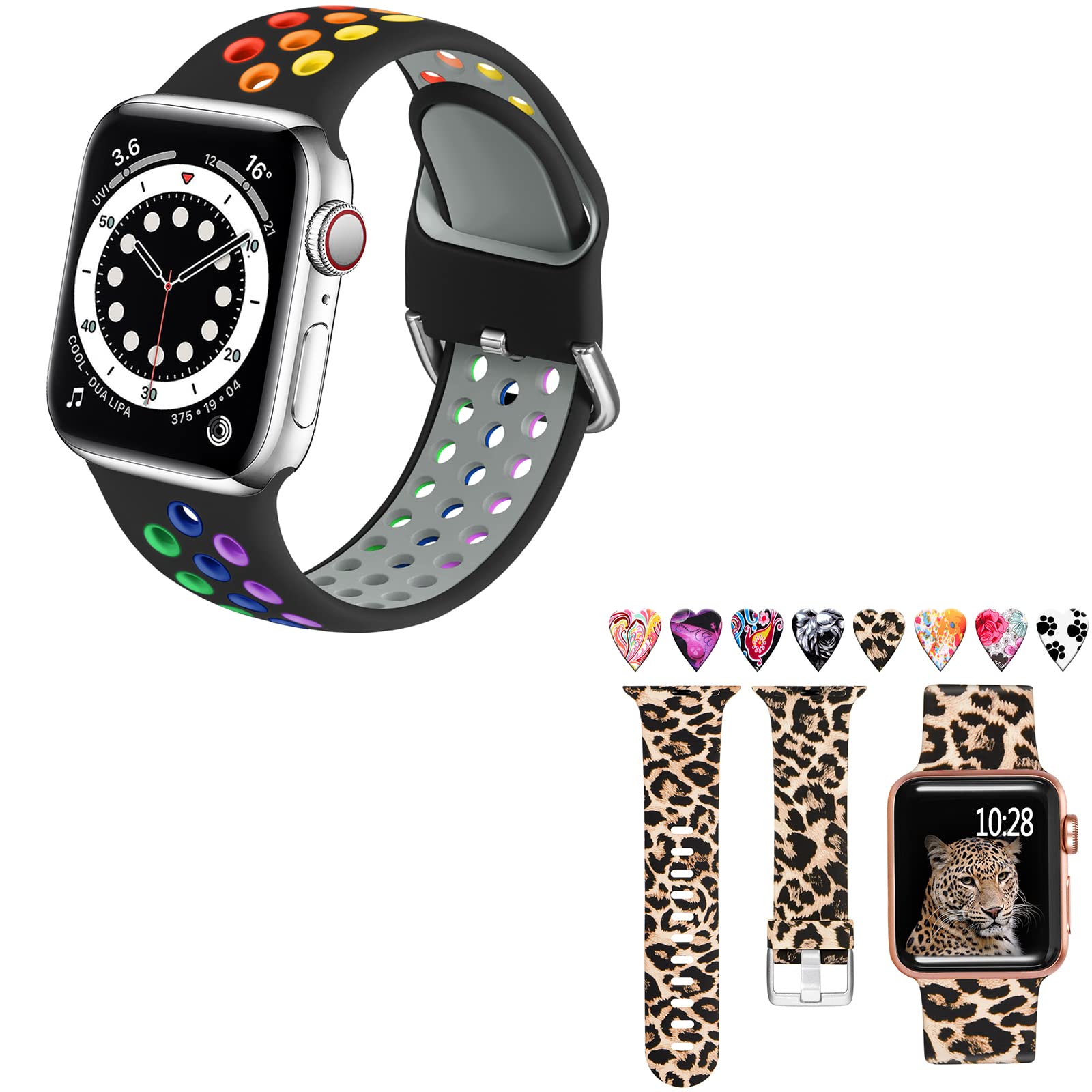 Muranne Sport Bands Compatible with Apple Watch 45mm 44mm 42mm iWatch SE & Series 7 & Series 6 & Series 5 4 3 2 1 for Women Men, Black/Rainbow & Leopard Band, M/L