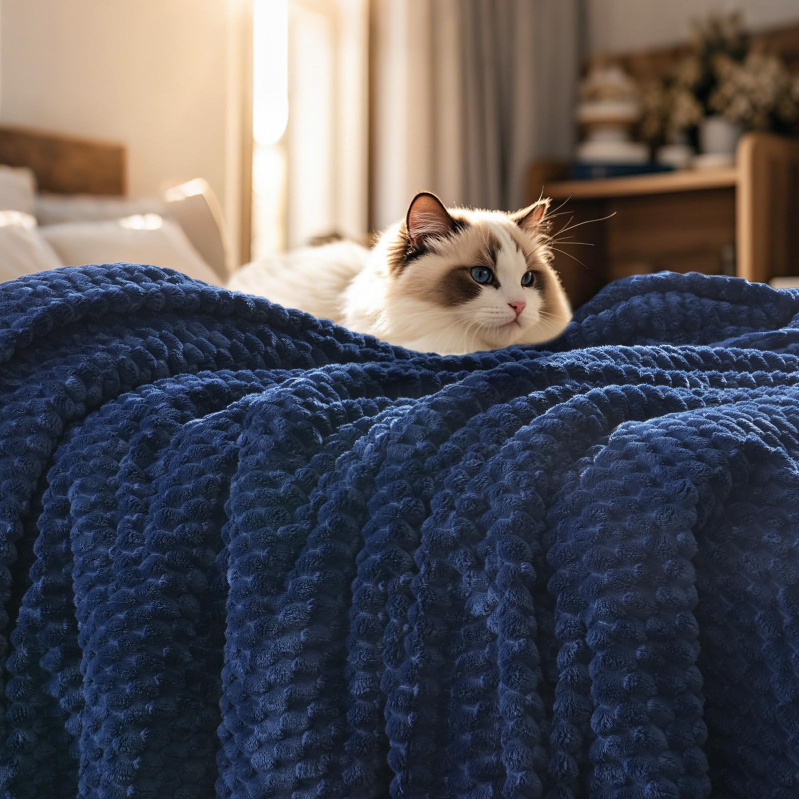 phf ultra soft flannel fleece blanket queen size, lightweight 3d jacquard fleece blanket, no shedding, no pilling, luxury 340gsm aesthetic fluffy cozy for bed room decor, 90"x90", navy blue