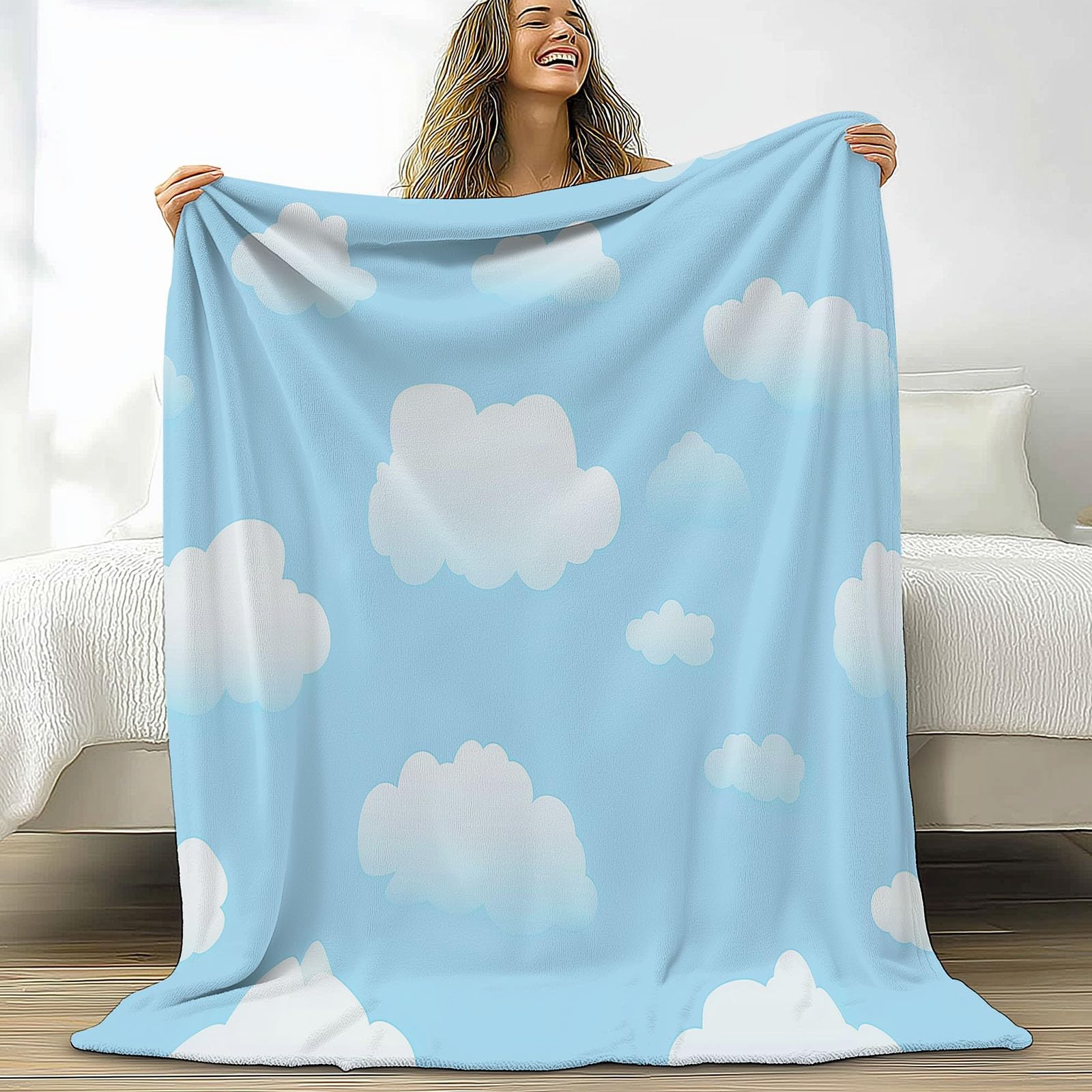 Plaid couverture polaire flanelle bleu clair 180x220 cm pour lit 2 personnes au motif nuages