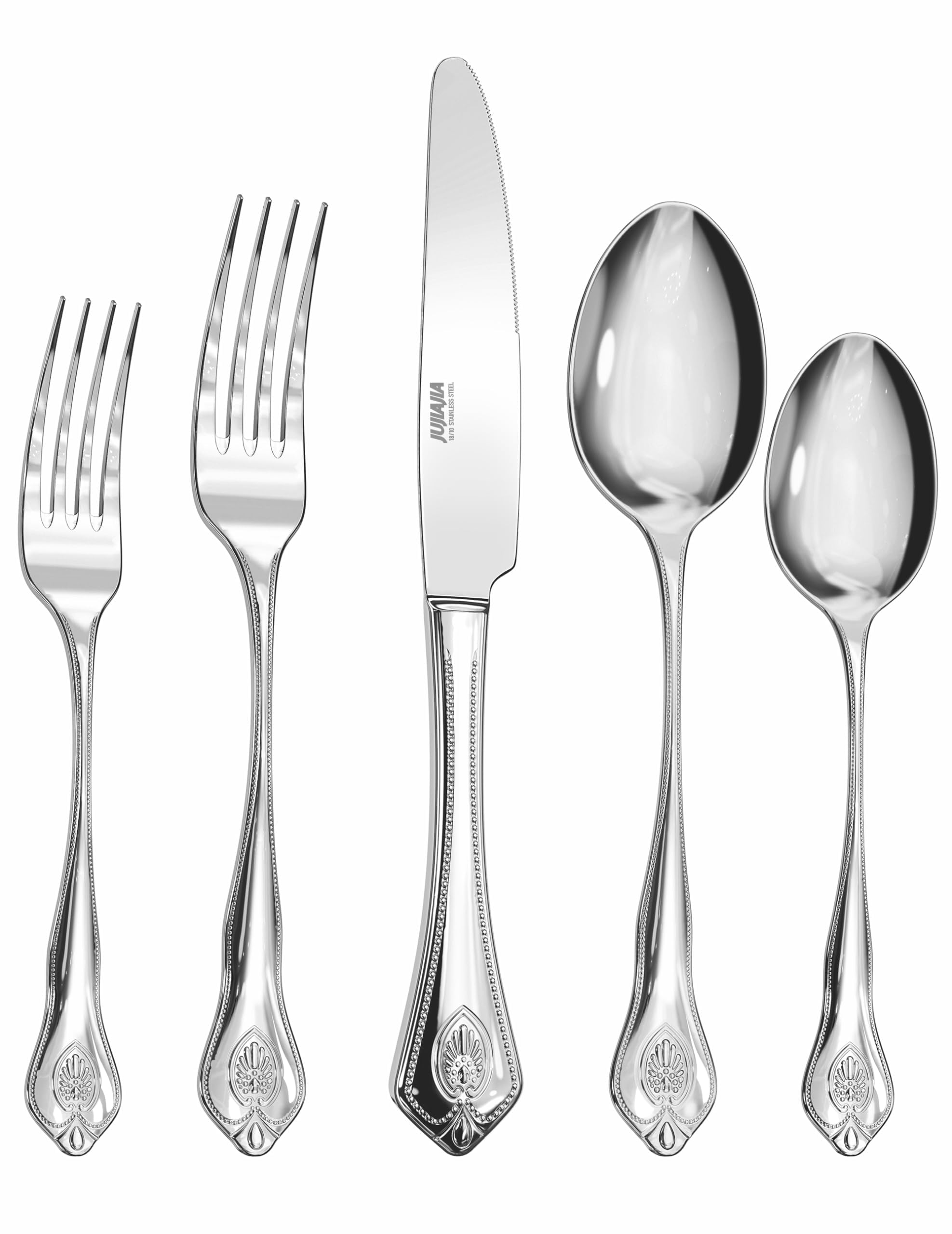 Photo 1 of 18/8 Stainless-Steel 5-Piece Silverware Set, Elegant Flatware Set Mirror Polished Beaded Edge, Cutlery Set Include Knife/Fork/Spoon, Dishwasher Safe