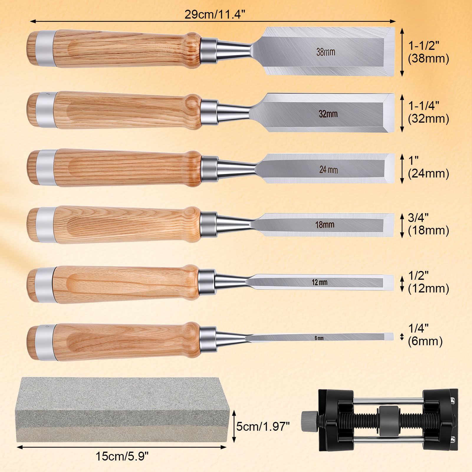 Set di Scalpelli per Legno, 6PCS Scalpelli da Intaglio di Lavorazione | Scalpello per Legno, Guida per Affilare e Pietra per Affilare, Scatola, per Intaglio, Carpenteria, Rifilatura dei Bordi