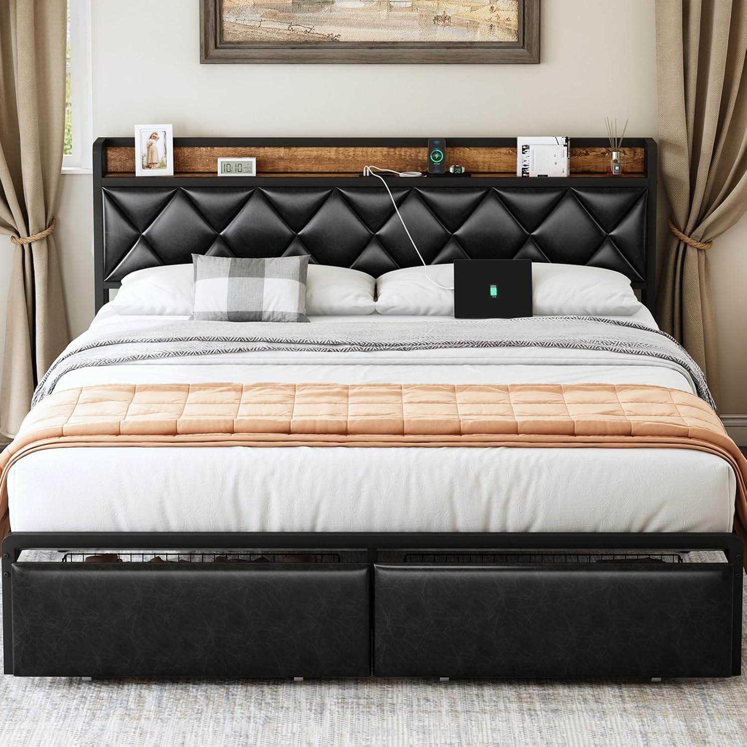 Amazon.com: WELTOKE King Size Bed Frame with Storage Headboard and Drawers, Black Upholstered ...