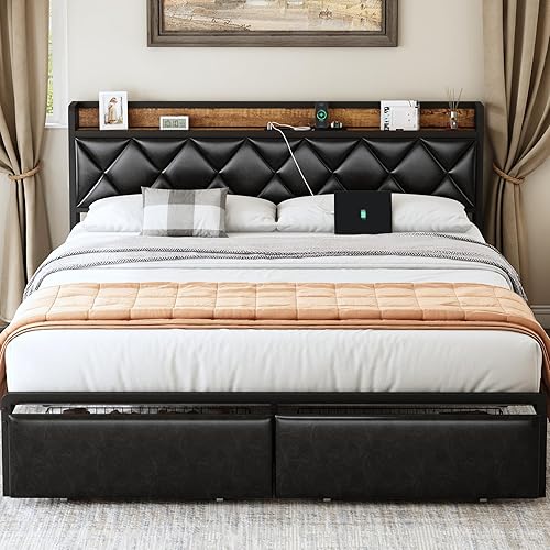 WELTOKE Base de cama tamaño King con cabecera de almacenamiento y cajones de velcro, cama de cuero tapizada negra con estación de carga de 2