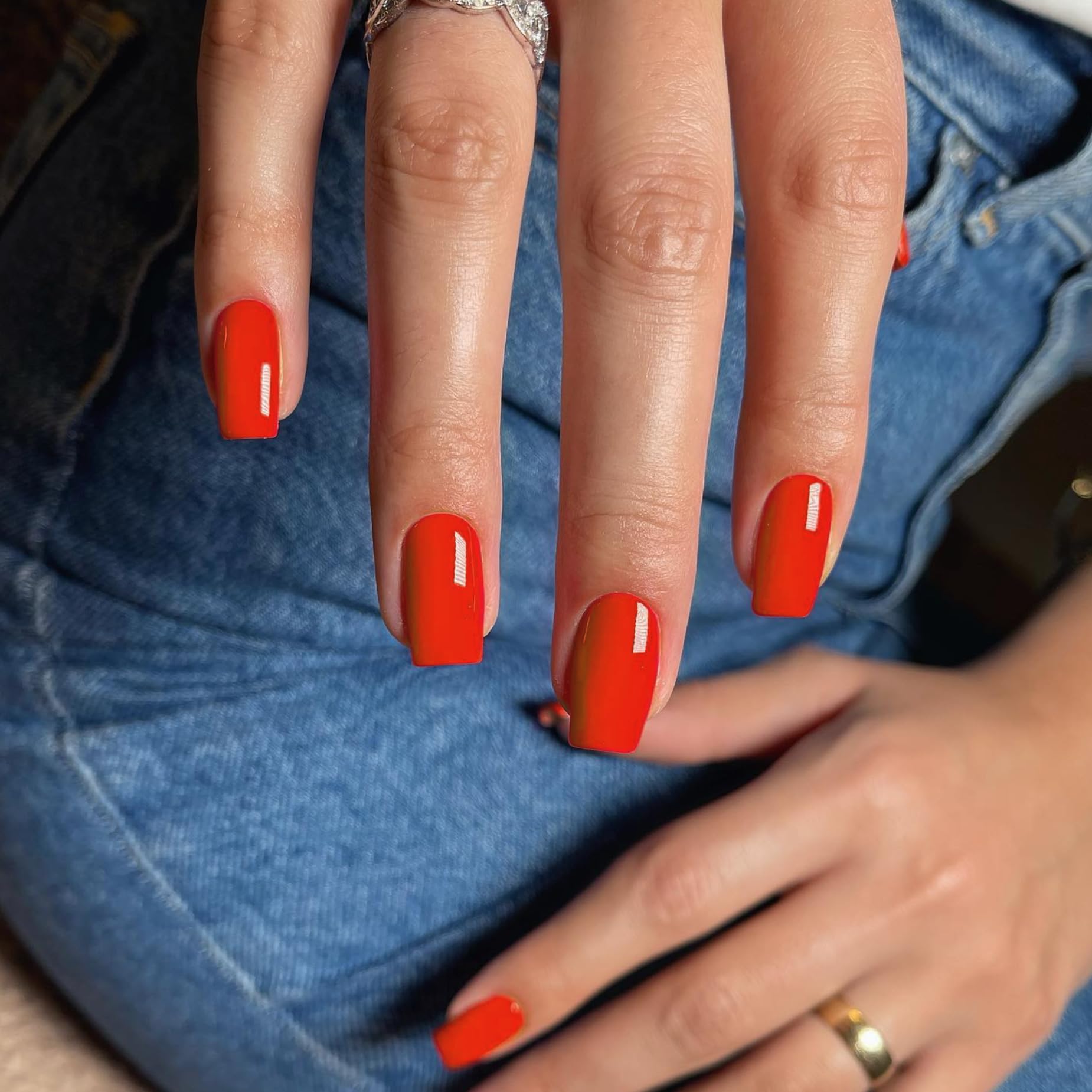 KQueenest Acrylic Press on Nails Short Medium Square, Light Red False Nails Short Coffin