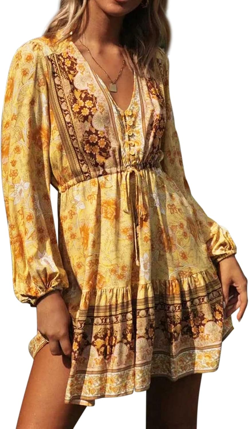 RVivimos Womens Cotton Long Sleeves VNeck Button Up Floral Print Bohemian Flowy Mini Dress