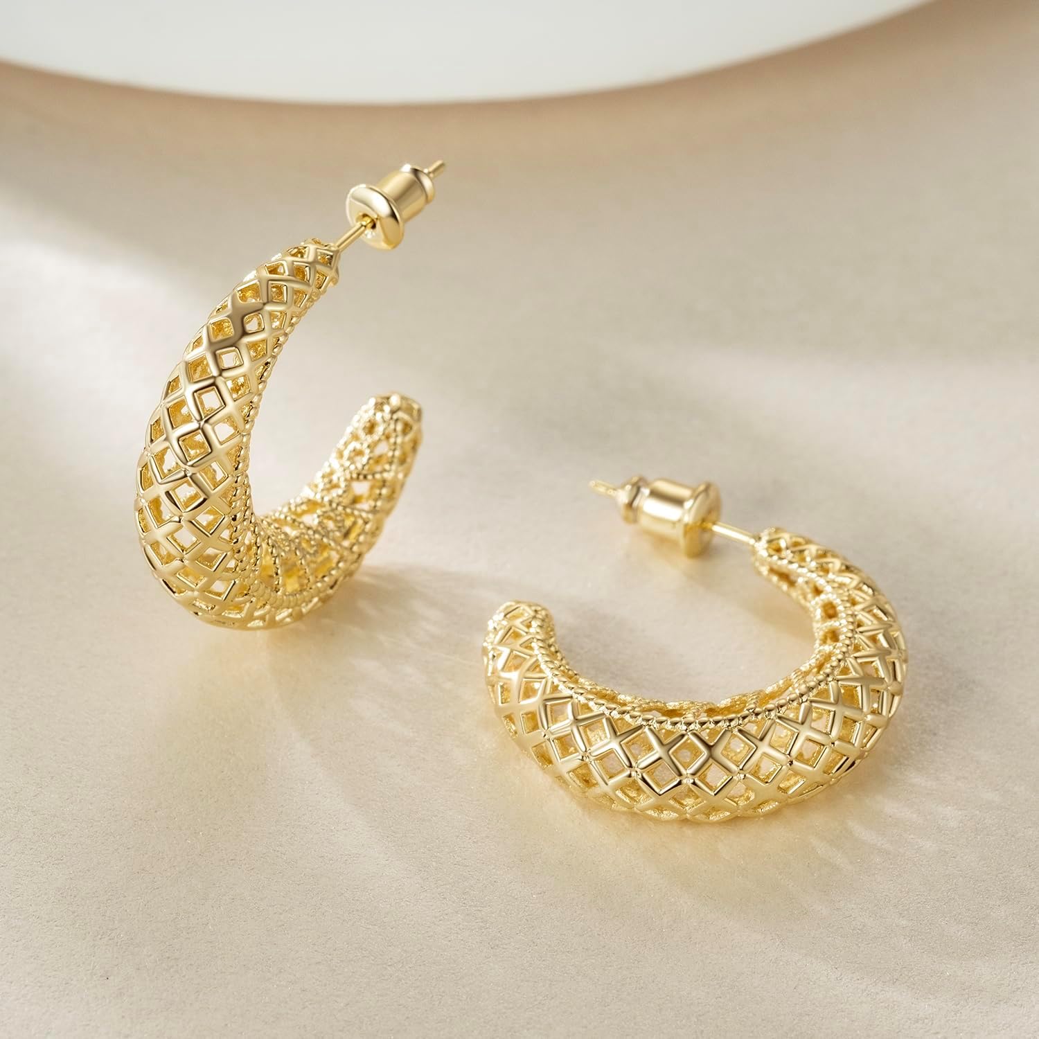 Hoop Earrings 14K Gold Earrings for Women’s Hoop Earring Crescent Mesh Hollow Hoops Earring Push Back Thick Gold Hoops - Image 8