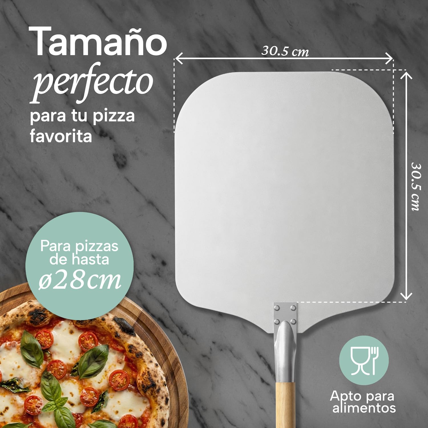 Blumtal Pala para Pizza - Pala de Aluminio de tamaño Grande de 30,5 cm x 30,5 cm y Mango de Madera de 85 cm