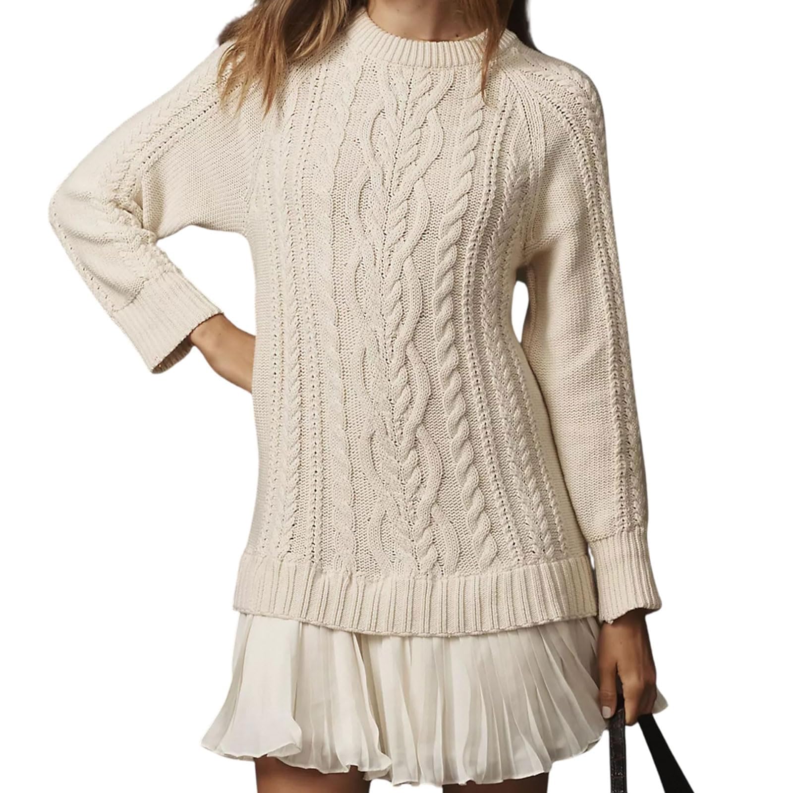 Sweater Dress with Skirt Cable Knit Sweater Dress Women Crewneck Cable Knit Sweaters Mini Dresses Pleated Patchwork Dresses