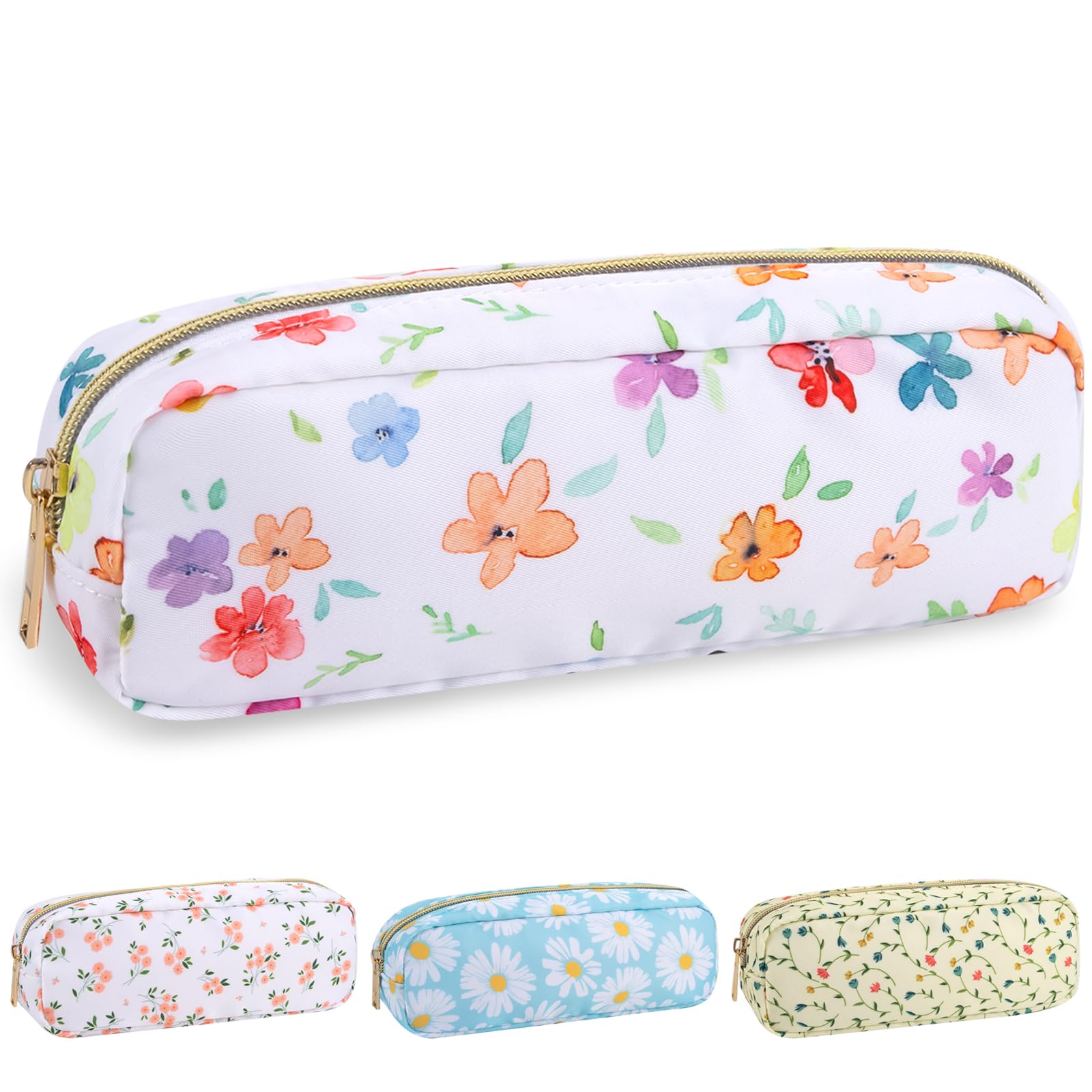 Nylon Small Floral Makeup Bag Slim Pouch, Preppy Cute Makeup Brush Case Bag Cosmetic Zipper Pouch for Purse, Waterproof Travel Toiletry Bag Coin Pouch Make Up Organizer for Women Girls(White-Flower)