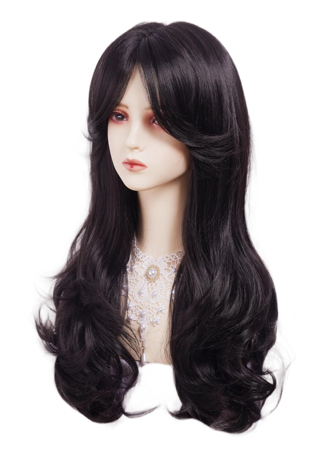 Black WIg for Women Long Wavy Wigs with Bangs Layered Synthetic Fluffy Wig Halloween,Costume,Cosplay,Daily Use Natural black