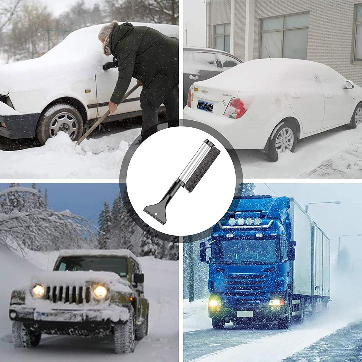XMING Cepillo de Limpieza de Coches 2 en 1, raspador de Hielo, Pincel de Nieve, Cepillo de Nieve retráctil, raspador de Hielo y Cepillo de Nieve for automóviles, Camiones y SUBO Vs (Plata)